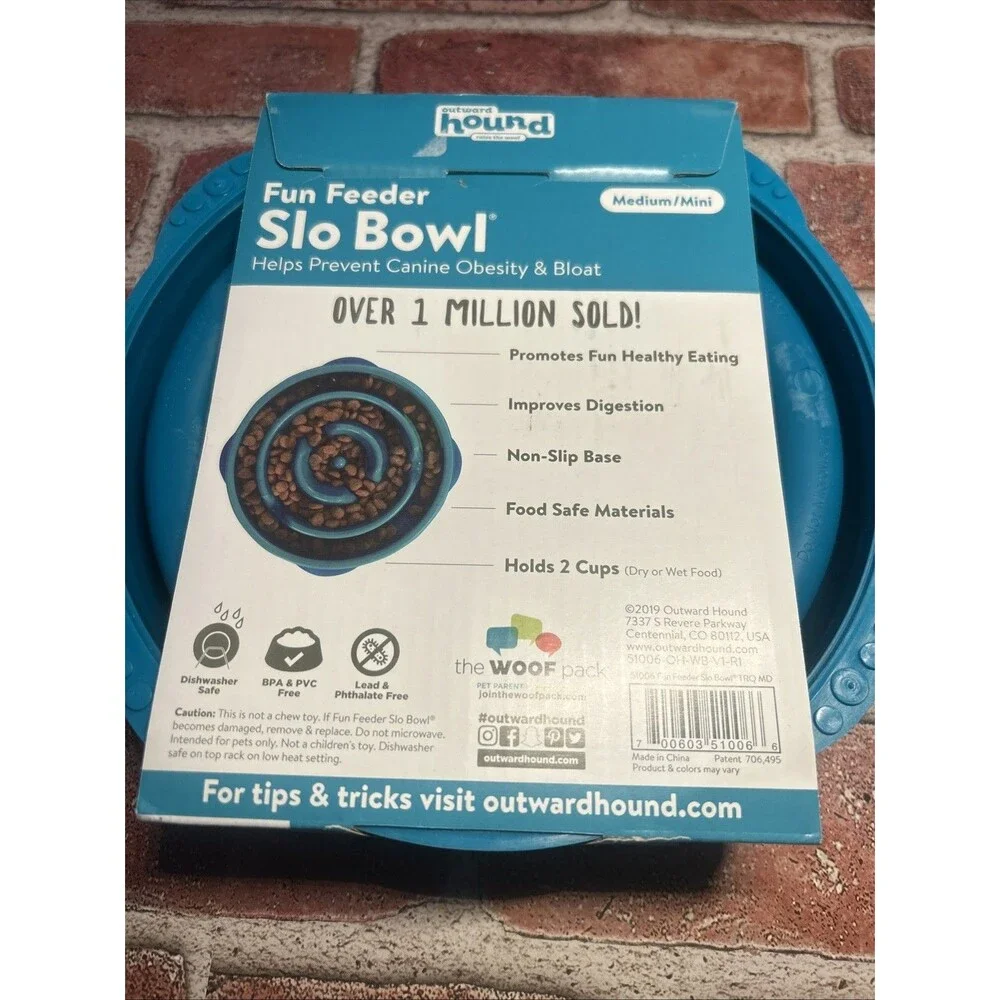 Outward Hound Fun Feeder Slo Bowl Medium/Mini Turquoise Dog Bowl Slow Feeder New